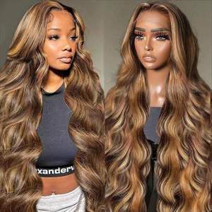 5X5 13X4 13x6 360 Hd Lace Closure Front Raw Virgin <strong>Human</strong> Hair <strong>Wigs</strong> Wholesale Price P4/27 Ombre Brown <strong>Wig</strong> Highlight Body Wave - Product Image 2