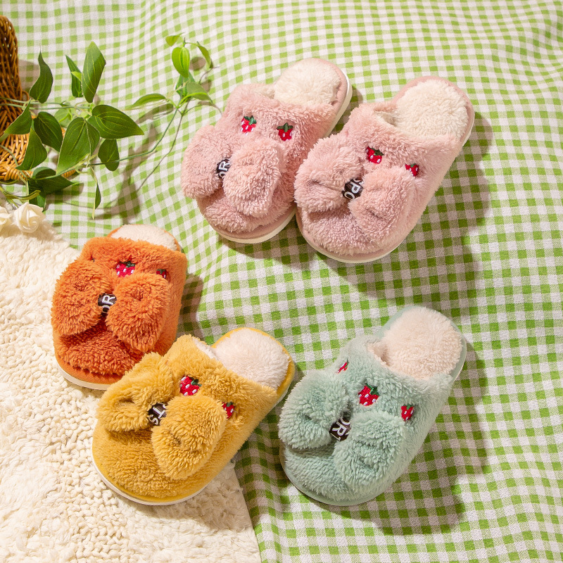 Baby New Girl Lovely Slippers Winter Cute Bow Cartoon Indoor Home Anti-slip Shoes Kids Warm Plush Comfortable Cotton Slippers