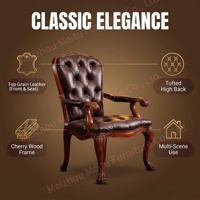 Fauteuil en cuir à dossier haut avec structure en bois de cerisier massif, assise capitonnée marron, chaise traditionnelle pour salon, bureau à domicile