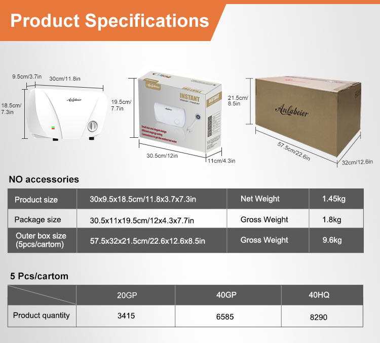 Factory price small size 5500W horizontal temperature control instant electric water heater