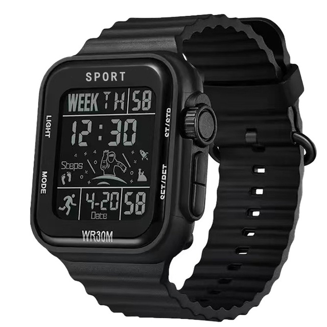 Black Sports Digital Watches for Kids Rectangle CaseSilicone Strap Waterproof Student Wristwatch for Boys and Girls