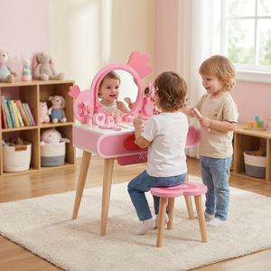 MUWANTU Table <span class=keywords><strong>de</strong></span> Maquillage Montessori en Bois pour Enfants, Ensemble Coiffeuse avec Miroir et Tabouret pour Jeu <span class=keywords><strong>d</strong></span>'Imitation des Petites Filles - Product Image 1