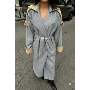 Abrigo Informal de Lana Gris con Cuello y Puños Desmontables en Color Beige, Largo, Transpirable, Cortavientos, con Cierre de Cinturón, Estampado Invernal - Product Image 4