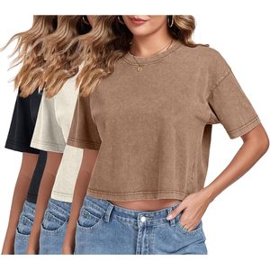 Camiseta Corta de Manga Corta para Mujer, Cuello Redondo Informal, Camiseta Básica Holgada de Verano, 100% Algodón Jersey - Product Image 1