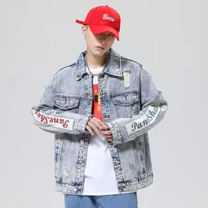 Factory Manufacture Fashion Trend Retro Style Print Ripped Loose Jacket Plus Size Patch Casual Cotton Denim Jacket For Men