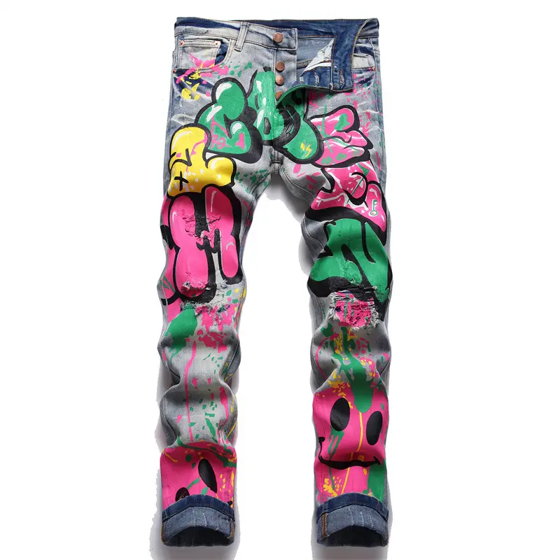 Özel lüks pantolon Hip Hop yırtık sıska Jean Streetwear alevlendi yığılmış erkekler pantolon Denim Pantalones De Hombre erkek kot
