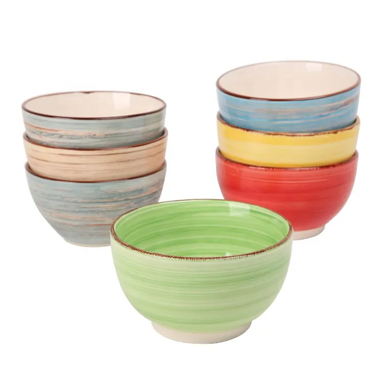 Stoneware Porcelain Hand Painted Color Glaze Microwave Safe Stackable Soup Noodle Rice Ceramic Packaging Cup Bowls