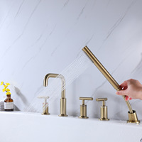 Robinet de baignoire HONGDEC en laiton brossé or, 5 trous, à poser sur le rebord, ensemble douche et robinet pour salle de bain - Grande Vente