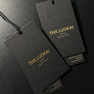Custom Black Paper Hang Tag <b>Gold</b> Foil Stamp Laser Cut Logo Emboss Any Size Thick Cardstock with Ribbon String for Garment - Product Image 1