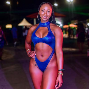 Traje de Baño Metálico Brillante Personalizado para Mujer, Estilo Carnaval Caribeño, J'ouvert, Monokini de Corte Alto con Tanga - Product Image 1