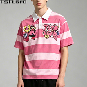 Cut And Sew Pink Striped Polo Shorts <b>Set</b> Heavyweight Graphic Printed Y2K Streetwear Two Piece <b>Set</b> Wholesale Bulk - Product Image 2