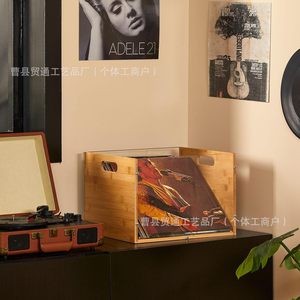Bamboo <b>Record</b> Storage Box Rectangle Transparent Vinyl Organizer Office Media Holder <b>Standing</b> Type Solid Color - Product Image 3