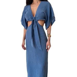 Vestidos Maxi de Verano para Mujer al por Mayor, Personalizados OEM, de Alta Calidad, con Cuello en V, Sexy, Huecos y sin Espalda - Product Image 1