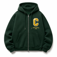 Hoodie Pria Resleting Ganda Warna Hijau Ivy Tebal 460gsm OEM ODM dengan Aksen Chenille dan Huruf C
