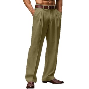 Nuovo da uomo con tasca inclinata a doppia piega in <span class=keywords><strong>lino</strong></span> tinta unita da esterno ogni giorno <span class=keywords><strong>pantaloni</strong></span> larghi a gamba dritta traspiranti - Product Image 5