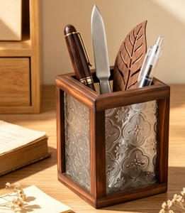 Organizador de Escritorio Multifuncional de Madera Maciza con Vidrio Grabado con Diseño de <span class=keywords><strong>Begonia</strong></span>, Caja de Almacenamiento para Brochas de Maquillaje, Estilo Retro - Product Image 6