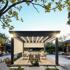 Pergola motorisée en aluminium moderne de luxe, pavillon extérieur décoratif avec <span class=keywords><strong>toit</strong></span> à lames rétractables pour jardin de villa - Product Image 1