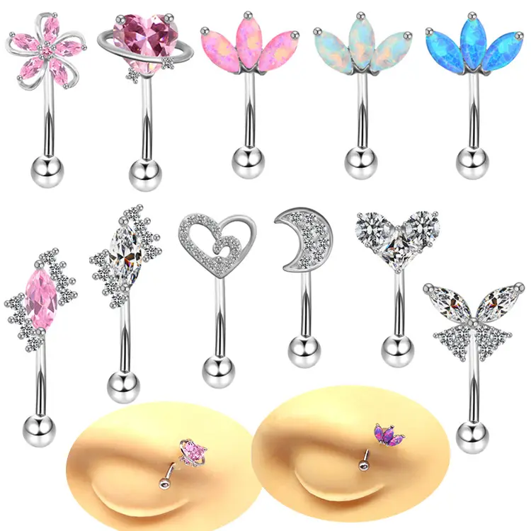 NUORO Fashion Zircon Heart Flower Moon Top Daith Rook Body Piercing Surgical Steel Curved Barbell Opal Eyebrow Rings
