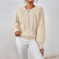 Pull en maille torsadée Preppy pour femme, col rond, manches ballon, poignets côtelés, pull épais texturé, style rétro classique, automne-hiver, OEM