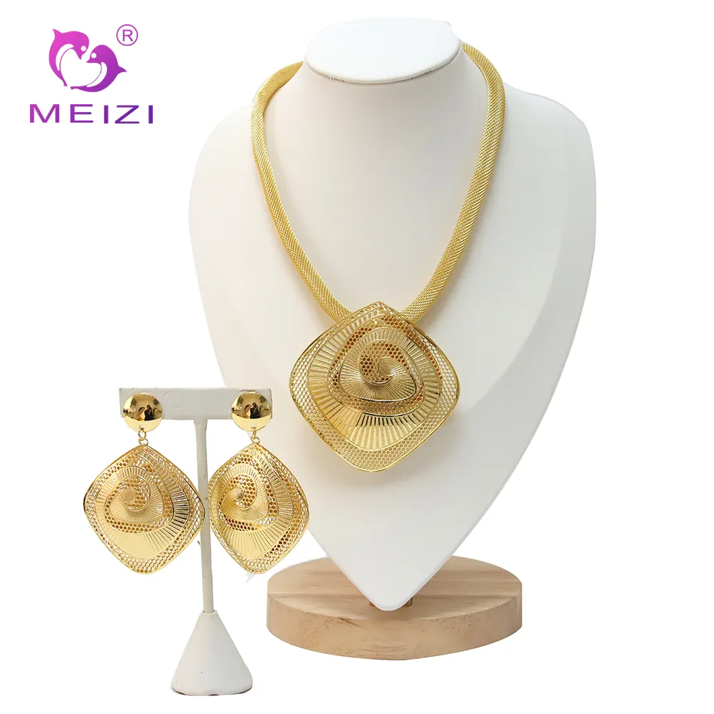 MEIZI JEWELRY 18K 두바이 리얼 솔리드 골드 쥬얼리 세트 결혼식 연회 파티 여성 목걸이 귀걸이 팔찌 세트