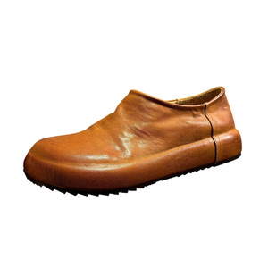 European Style Genuine Leather Men's <b>Slip</b>-<b>On</b> Loafers Mid-Heel Thick Sole Breathable Casual Shoes Brown Solid Color - Product Image 2