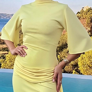 Abito Lungo Sexy da Donna Personalizzato con Schiena Scoperta, Collo a O, Aderente, Plissettato a Strati, Mezza Manica, Tinta Unita con Spacco per Feste - Product Image 3