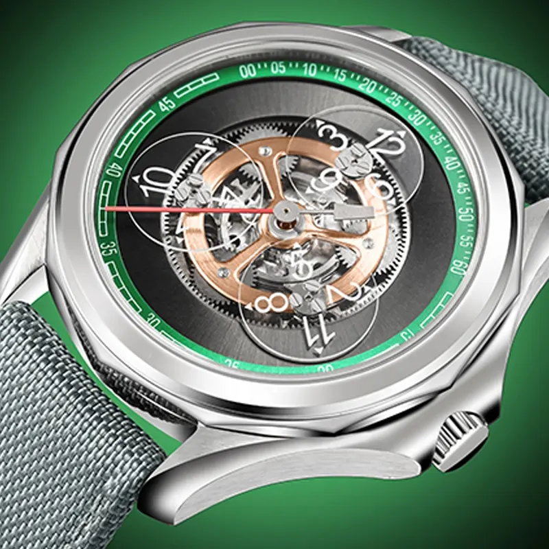 OEM 패션 럭셔리 자동 기계식 방랑 시간 손목 시계 남성 독특한 녹색 얼굴 회전 자체 바람 시계 제조 업체