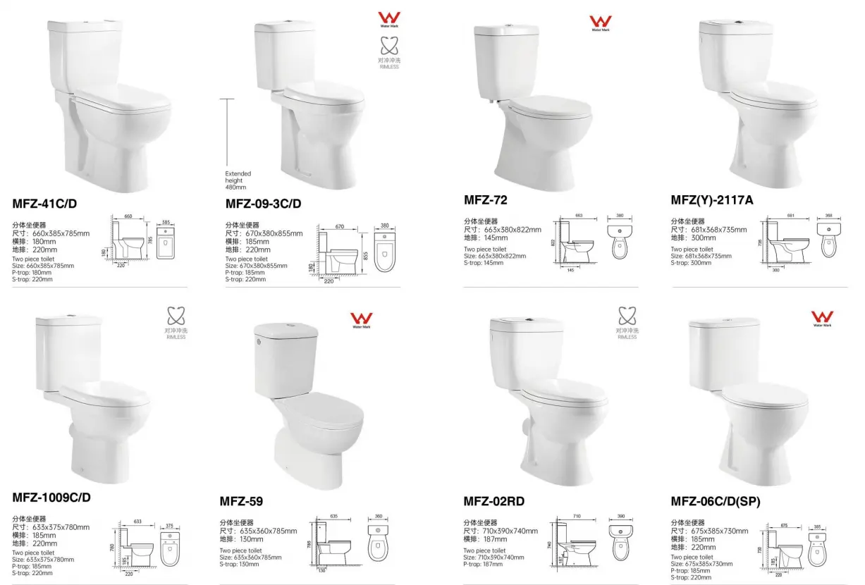 European Back To Wall Two Piece Toilet Bowl Modern Floor P-trap S-trap Smooth Rimless Toilette