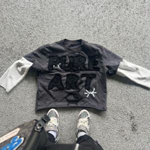 T-shirt en coton délavé à l'acide, broderie usée, streetwear personnalisé, surdimensionné, deux pièces, manches longues, double couche, pour hommes - Product Image 3