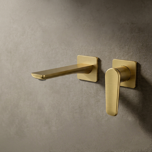 Grifo de Lavabo Moderno de Pared 67003A Modelo Redondo 670 con Válvula de Cerámica Dorada Cepillada, Monomando Oculto - Product Image 1