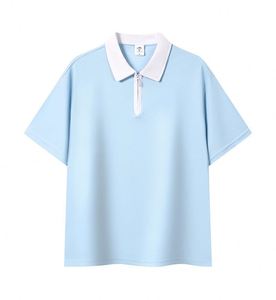 เสื้อยืดคอปกสั้นแขนสั้นแบบมีซิปครึ่งตัว สีตัดกัน ปักโลโก้ตามสั่ง สำหรับร้านชานมและงานบริการ - Product Image 3