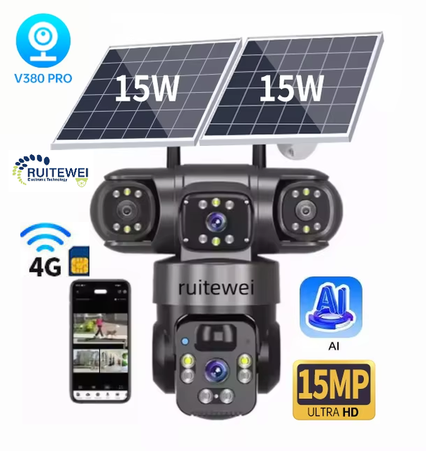 Dual Solar Panels 12MP Wifi 4G Three Eyed Outdoor IP PTZ Auto Tracking Surveillance Security Ai Solar CCTV Camera
