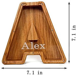 <span class=keywords><strong>Tirelire</strong></span> en bois naturel faite à la main <span class=keywords><strong>avec</strong></span> votre nom et texte de A à Z - Cadeau personnalisé pour enfants - Product Image 2
