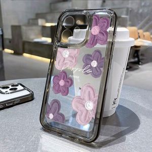 Coque de téléphone anti-chute à couverture intégrale motif fleur peinture à l'huile rose et violette pour iPhone 12/13/14/15/16/17 Pro Max - Product Image 1