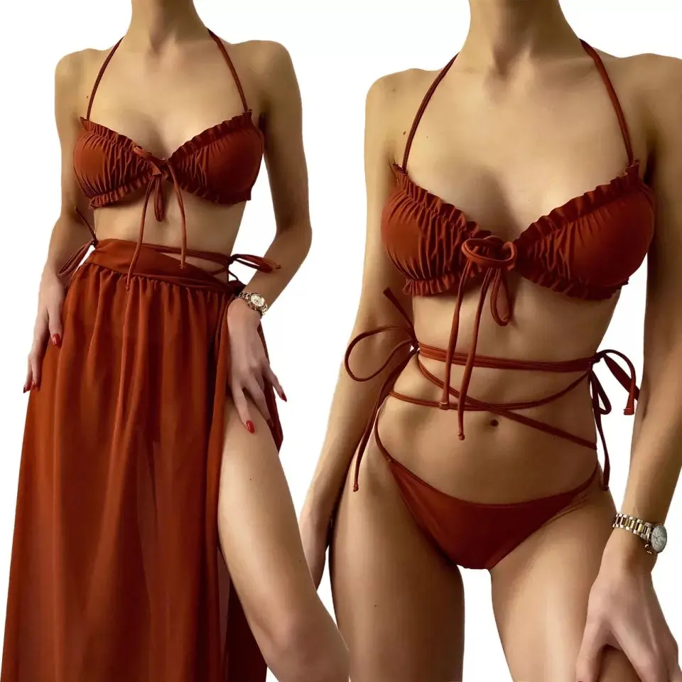 נשים סקסי 3 Piece ביקיני סט חום תחבושת מחרוזת Thong ביקיני וsarong חצאיות סטי בגד ים החוף ללבוש כיסוי עד