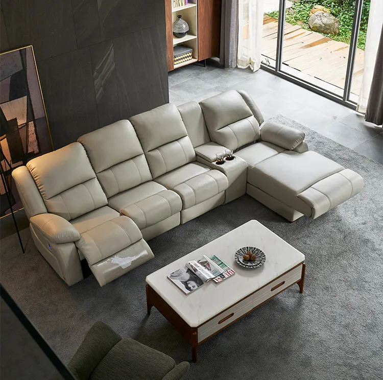 Modern minimalist leather sofa top layer cowhide multifunctional sofa small family first class electric L-shaped sofa