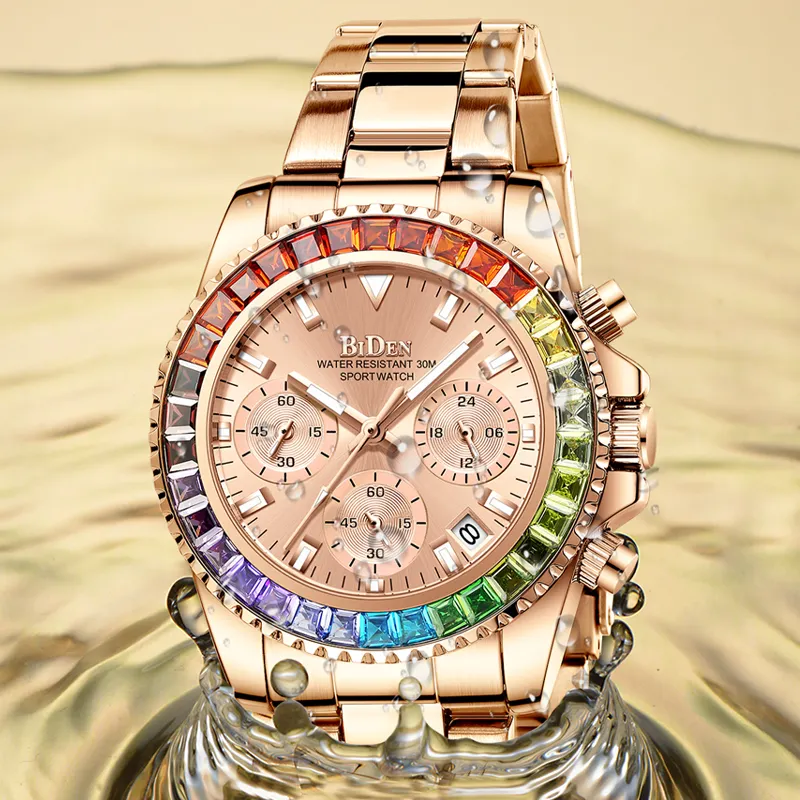 BIDEN 0163L-1 Rainbow Crystals Diamond Women's Wristwatches Stainless Steel Strap Ladies Waterproof Calendar Swiss Quartz Watch