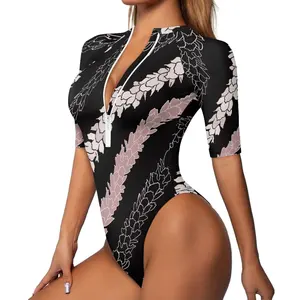Conservative One-Piece Swimsuit For Women Melia Plumeria Line Art Print Half-Sleeve Bikini