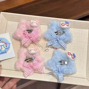 Épingle à cheveux en peluche chat lapin dessin animé, étoiles pentagonales, nœud à carreaux, faite à la main, accessoires pour cheveux, clip pour fille, cœur, douceur d'automne - Product Image 4