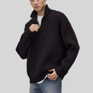 Logo personnalisé anti-rides 600g automne hommes pull fermeture éclair col roulé tricoté couleur unie Cardigan - Product Image 2