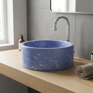 Lavabo de table Micky bleu brun abat-jour lavabo rond moderne en céramique lavabo d'art fait à la main avec évier de luxe à motif de marbre - Product Image 3