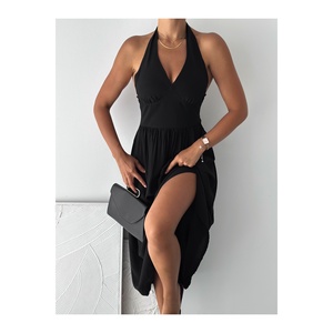 Women's Black Halter Neck Dress Elastic Waist Viscose Fabric Party Wear Sleeveless Backless Mid Length - Product Image 6