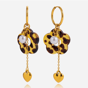 Joyería de moda para mujer Fadeless 18K Acero inoxidable acrílico leopardo flor corazón borla pendientes colgantes - Product Image 3