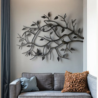 Grande figurine murale en aluminium moulé gravée d'un oiseau sur une branche, décor mural en métal brun foncé peint à la main, décoration intérieure