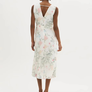 Women's Elegant Pink Green Floral Print V-Neck Sleeveless Pleated Chiffon Midi Dress Romantic Summer Wedding Vacation - Product Image 5