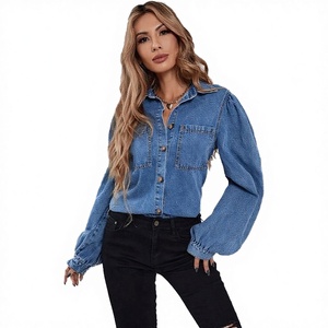 Chemise en jean boutonnée pour femme, manches longues, manches bouffantes, crop top décontracté, couleur unie, coupe classique, toutes saisons - Product Image 2