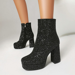 Botines Cortos de Mujer con Brillo, Punta Cuadrada, Suela Gruesa, Tacón Alto y Grueso, Cremallera Lateral, Botas de Tobillo con Lentejuelas Brillantes y a la Moda - Product Image 3