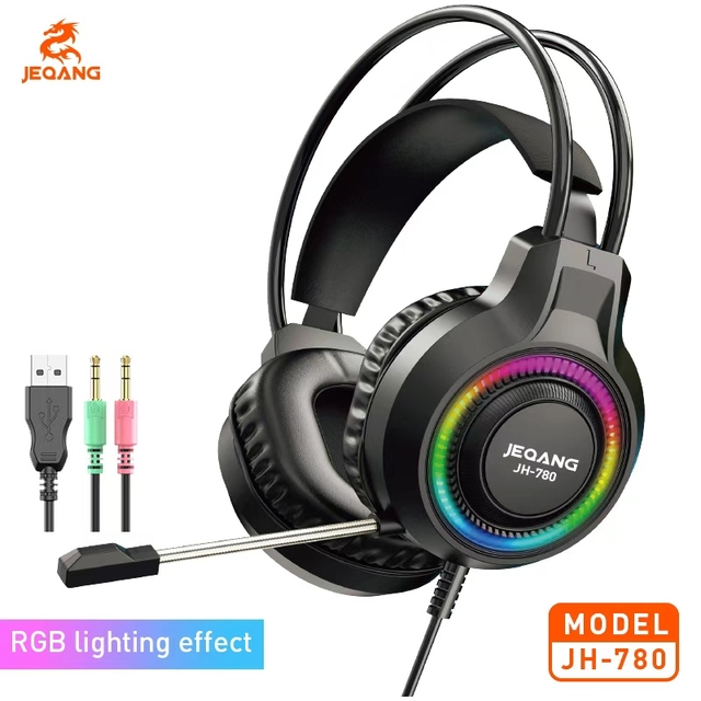 Jeqang JH-780 Wired RGB Noise Canceling Leather Gaming Headset Apt-X HD Voice Control 3.5mm+USB Port Dynamic Over-Ear for DJs