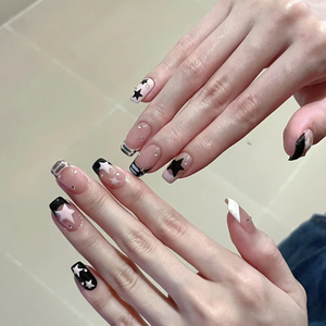 Uñas Postizas Francesas con Diseño de Estrella Blanca y <span class=keywords><strong>Negra</strong></span>, Estilo Y2K, Color Nude, con Pedrería, Cortas y Cuadradas, para <span class=keywords><strong>Manicura</strong></span> Diaria - Product Image 4