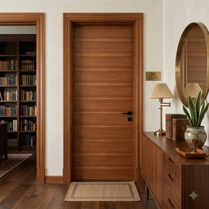 Ensemble de portes modernes à 9 segments en placage de teck avec cadre d'architrave moulé en profondeur - Product Image 1